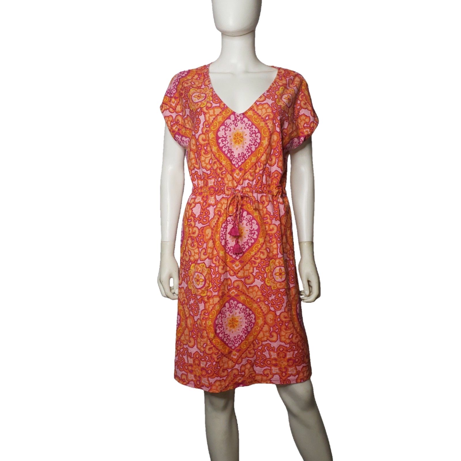 Tommy Bahama Orange Pink Cotton Short Sleeve V Neck Peasant Dress Womens Large